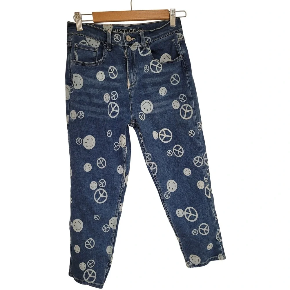 Justice Stranger Things Youth Mini Mom Jeans Size 18 Smiley Peace Signs 28X24